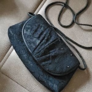 Black satin and lace evening bag with cord/strap